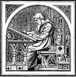 Photo of medieval woodcut of a scholar at his desk