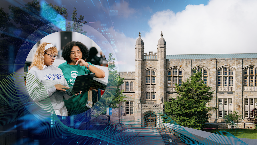 two lehman college students standing with a laptop with a short of the Old Gym in the background ona beautiful sunny day
