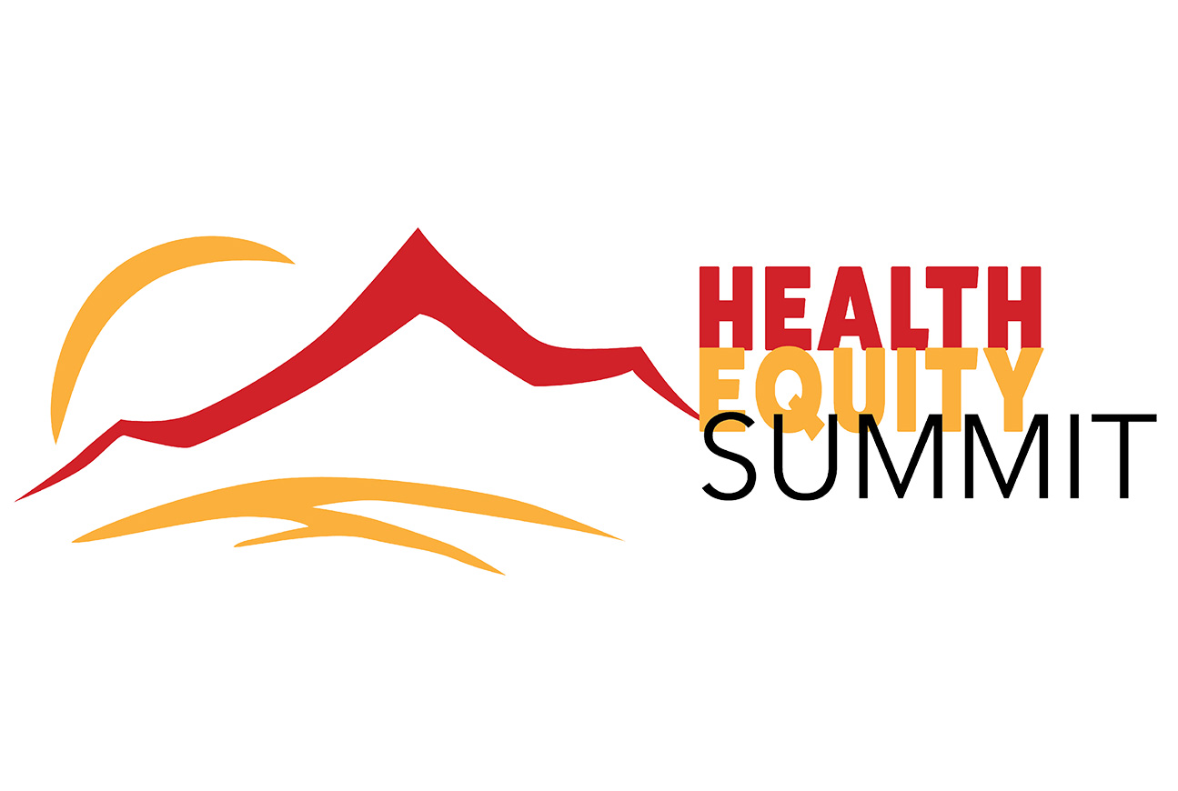 Logo for the Health Equity Summit, featuring the event name in red, yellow, and black text next to a stylized red mountain and yellow sun graphic.