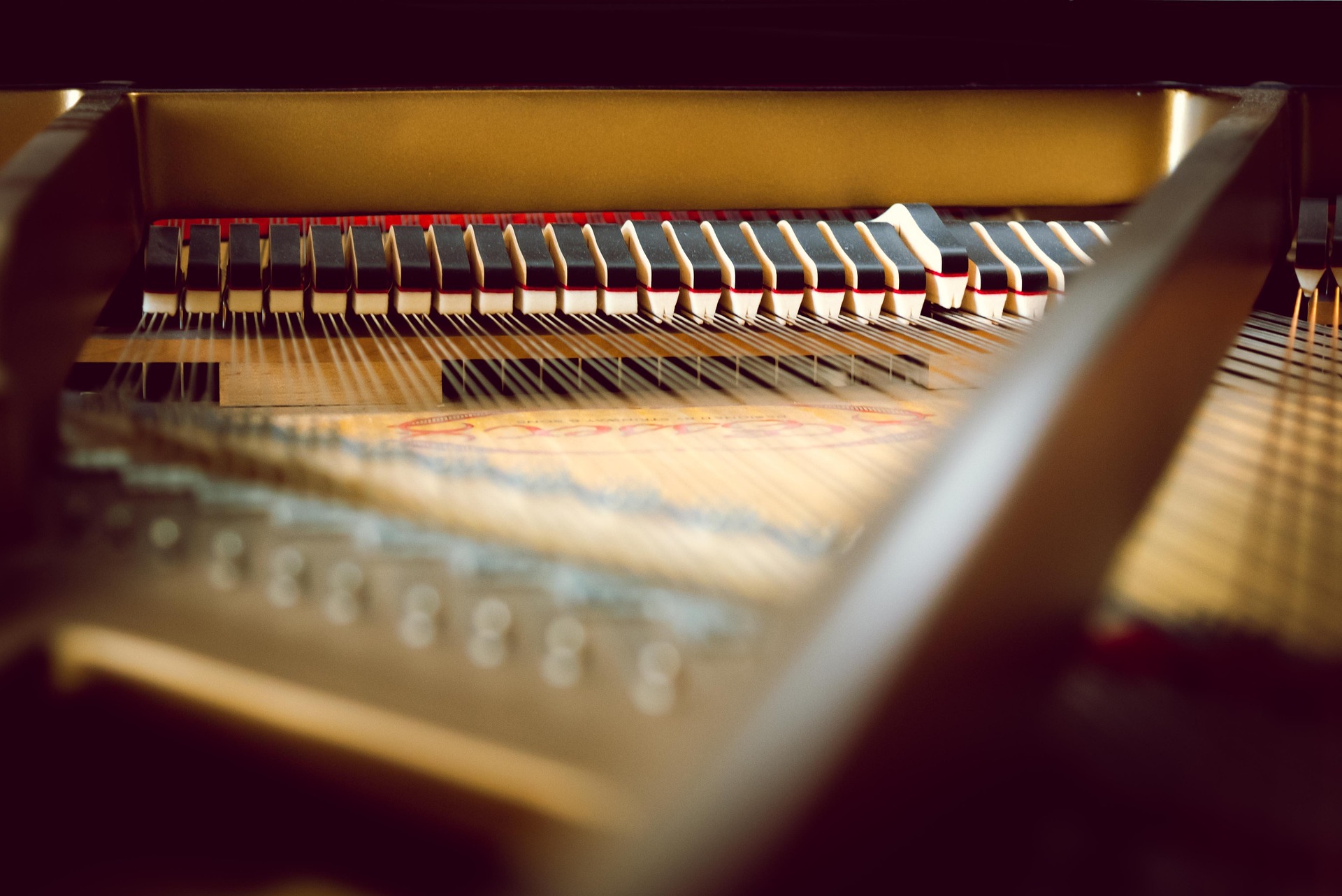 The inside of piano from the perspective of the tail of the instrument.