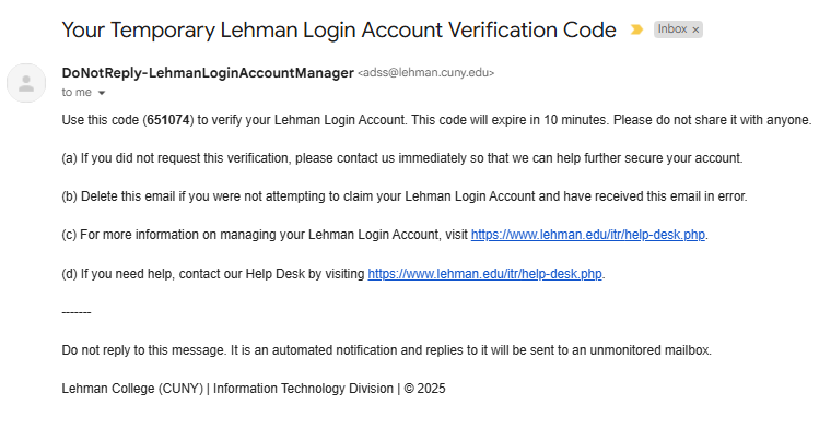Activating Your Lehman Login Account - step 5a