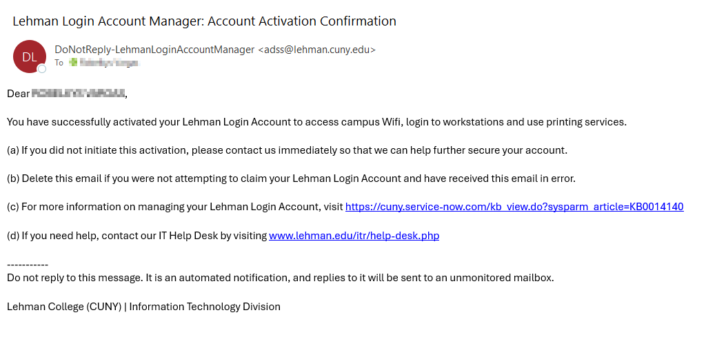 Activating Your Lehman Login Account - step 9a