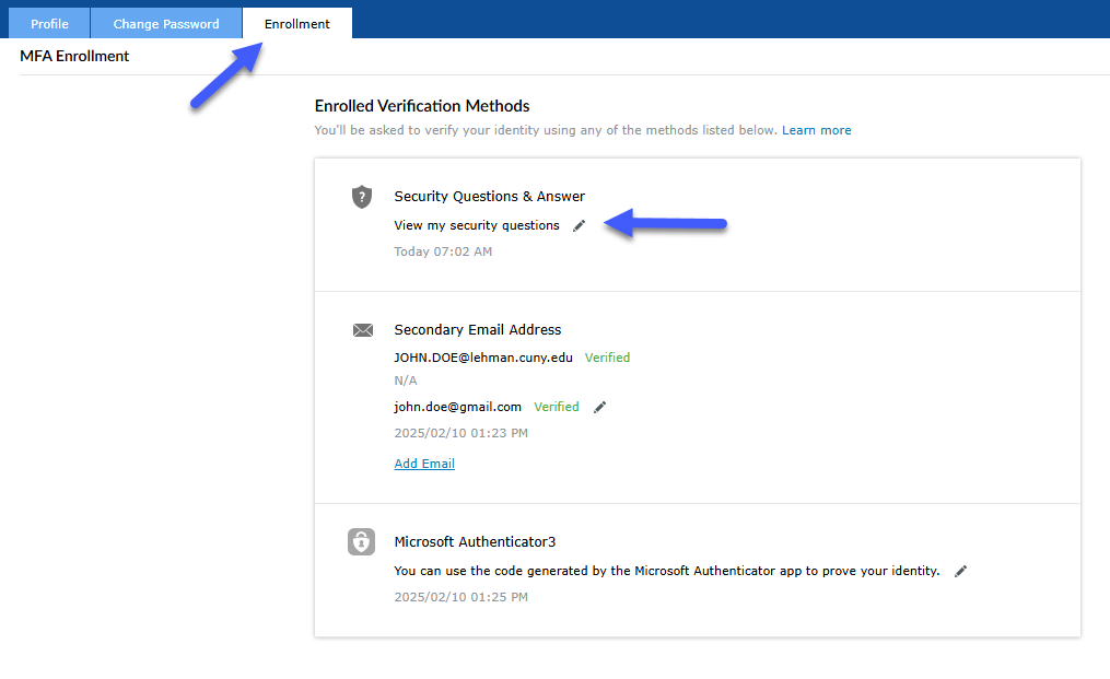 Managing Your Lehman Login Account - Update Security Questions