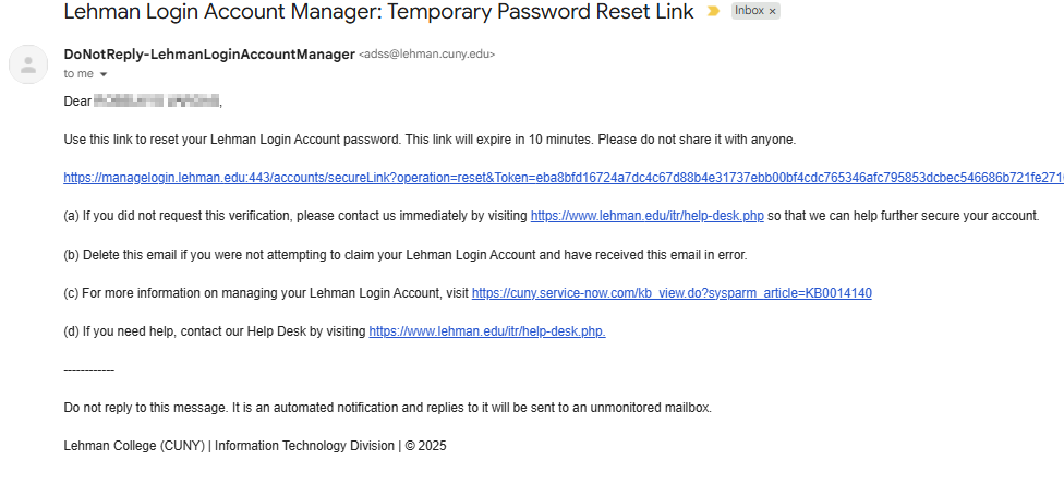 Resetting Your Lehman Login Password Using Recovery Email - Step 5