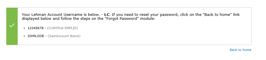 Retrieving Your Lehman Login Account Username - Step 3 - Username