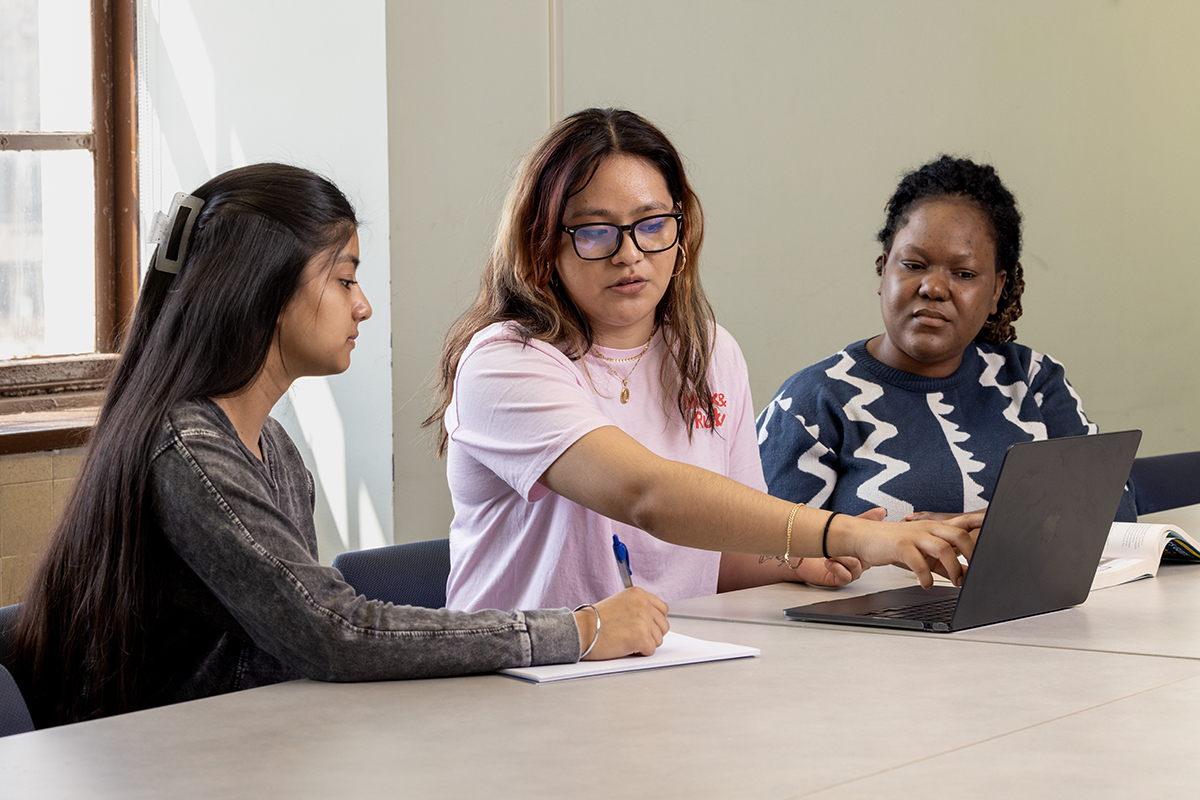 Photo of students looking at laptop while studying