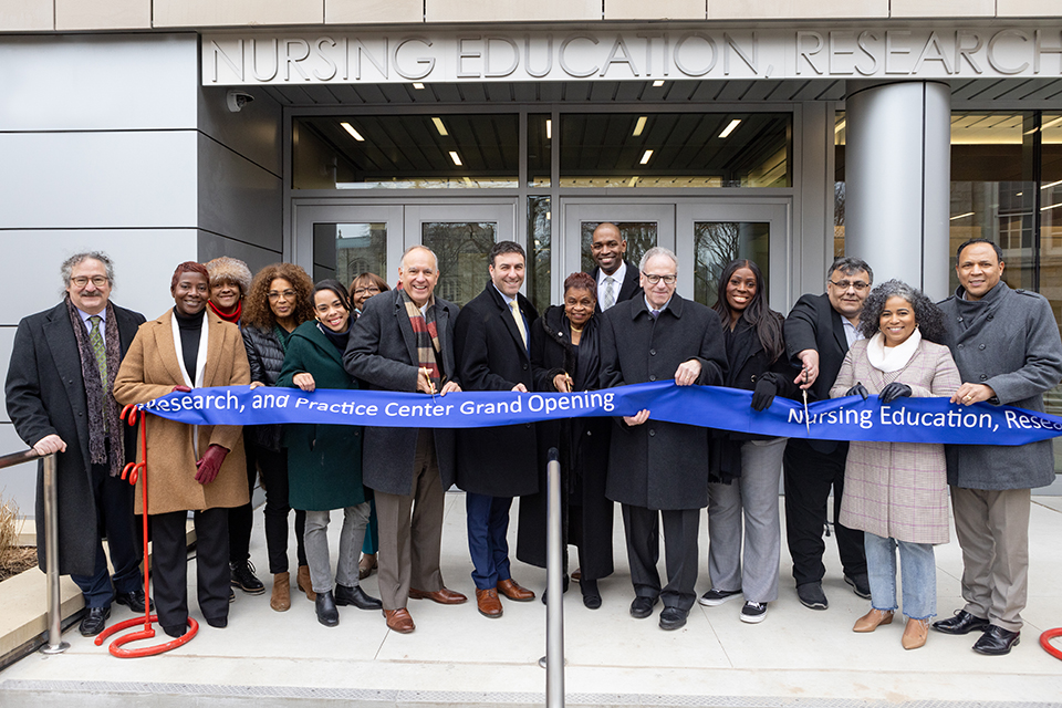 Lehman President, CUNY Chancellor, and elected officials cut a ribbon in front of the new Nursing Building