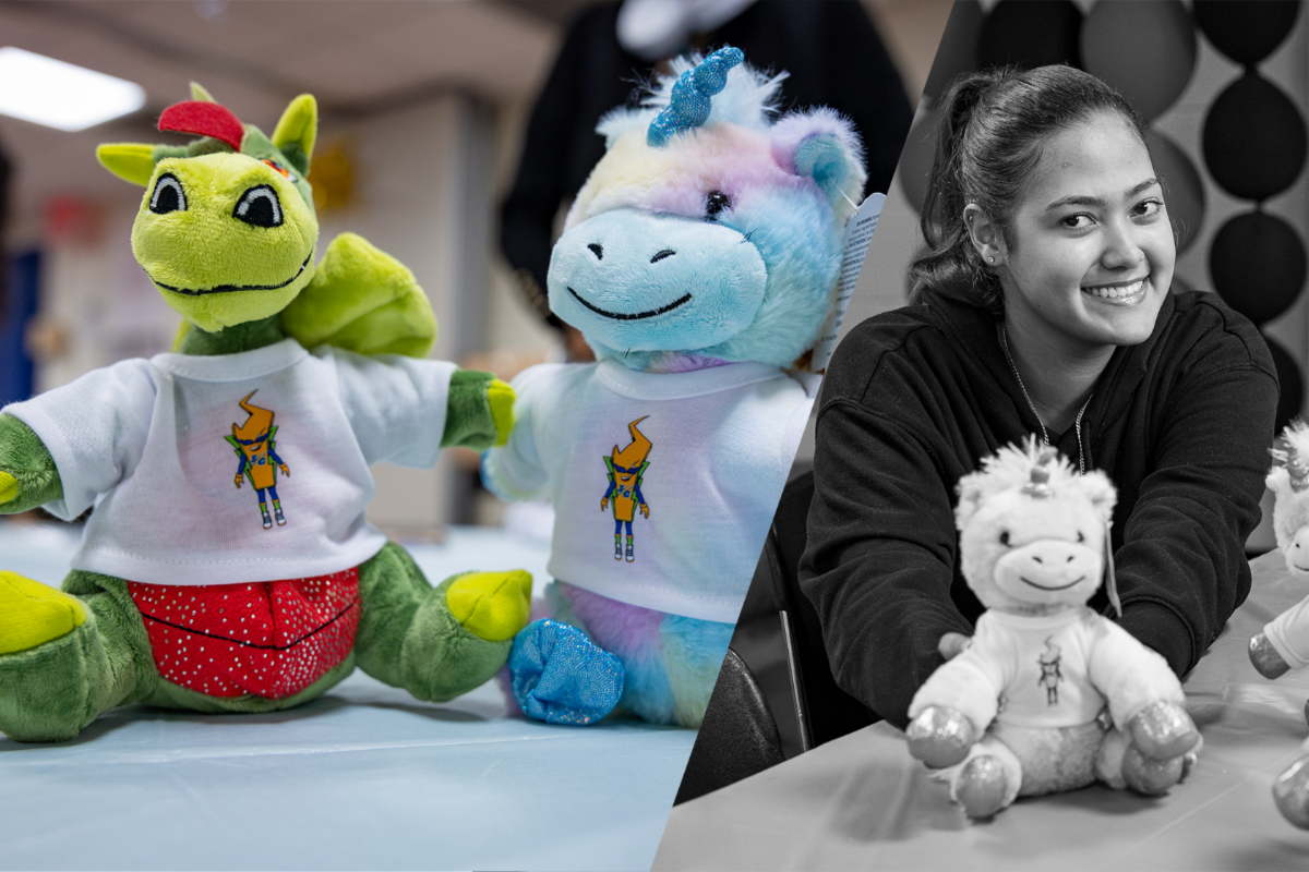 A Dragon and Unicorn wear Lightning Mascot El Rayo Gear