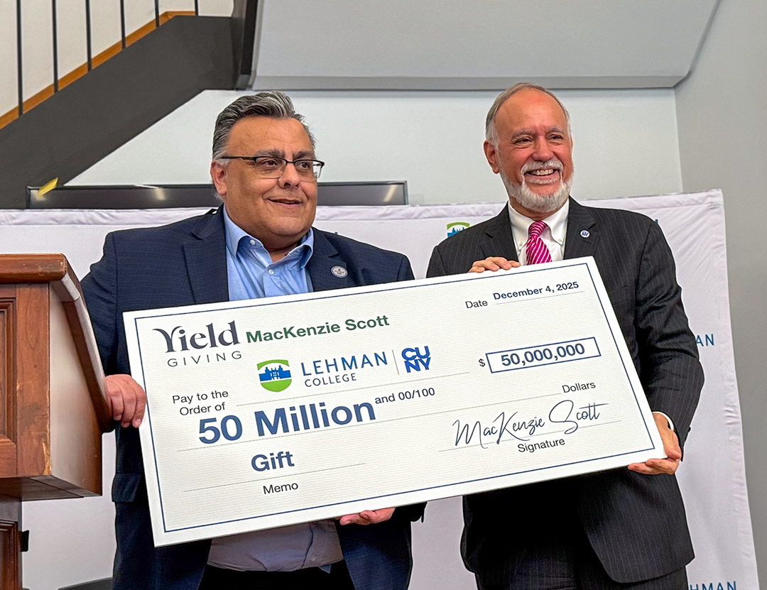 President Delgado and CUNY Chancellor with 50 Million Dollar Check from MacKenzie Scott