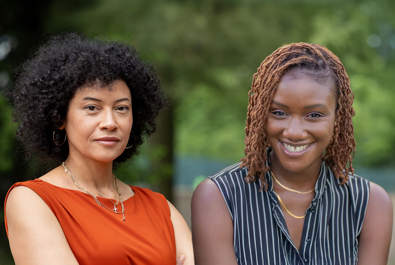 A composite photo of two women.