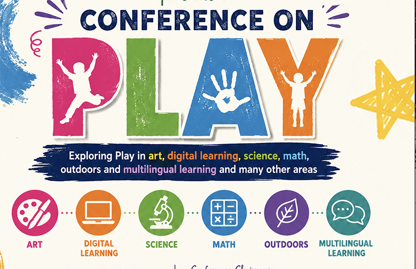 Colorful “Conference on Play” graphic with large multicolored letters spelling “PLAY,” child silhouettes, and icons representing art, digital learning, science, math, outdoors, and multilingual learning.