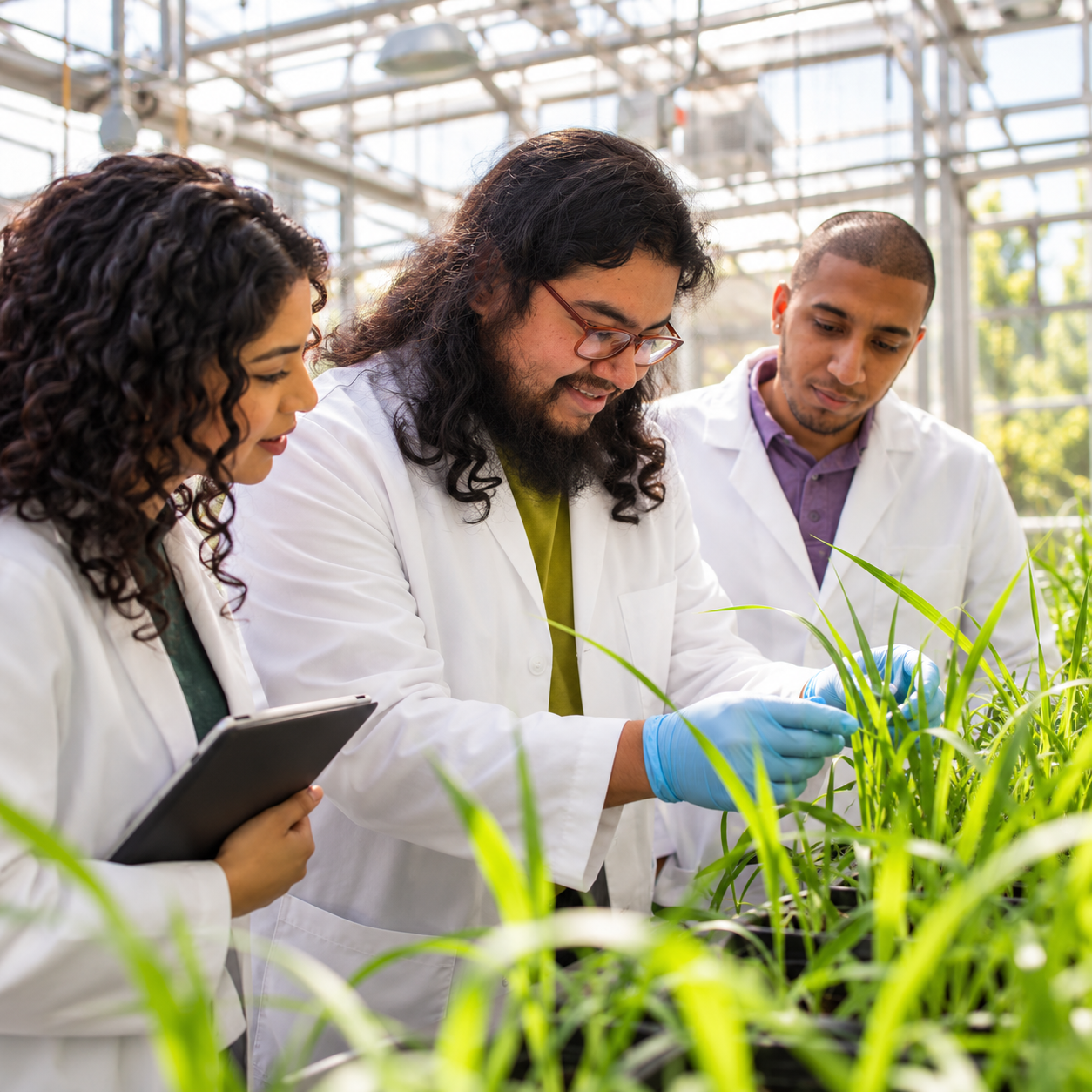 Scientists Examining Plants in Greenhouse Lab.