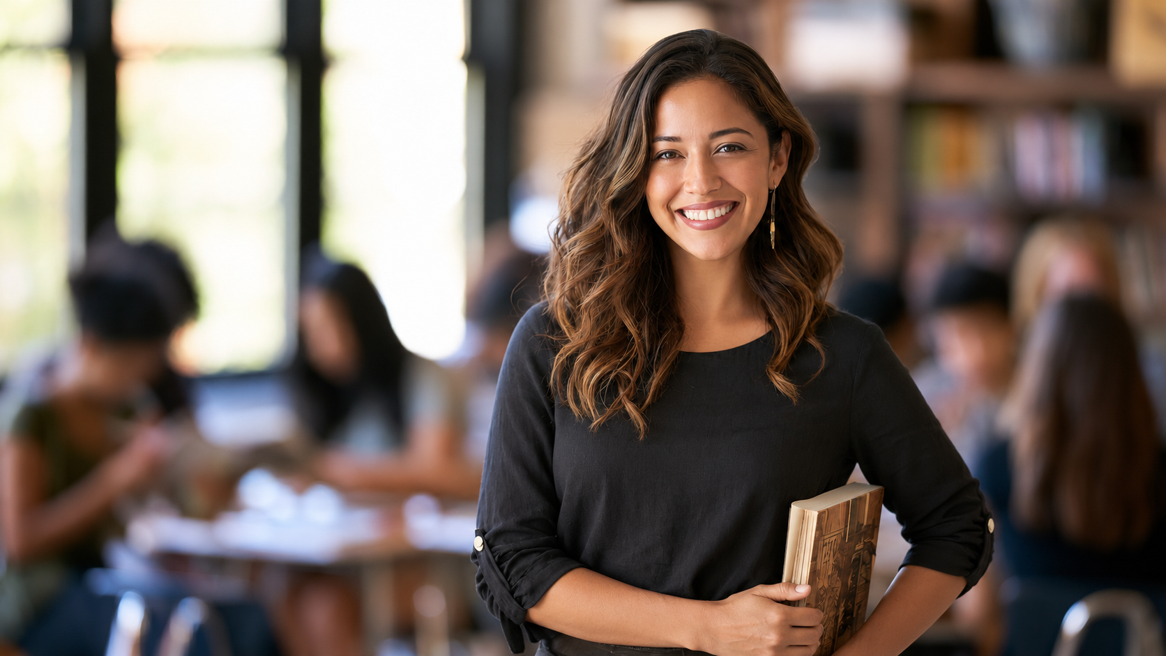 Smiling Educator with Book in Classroom.