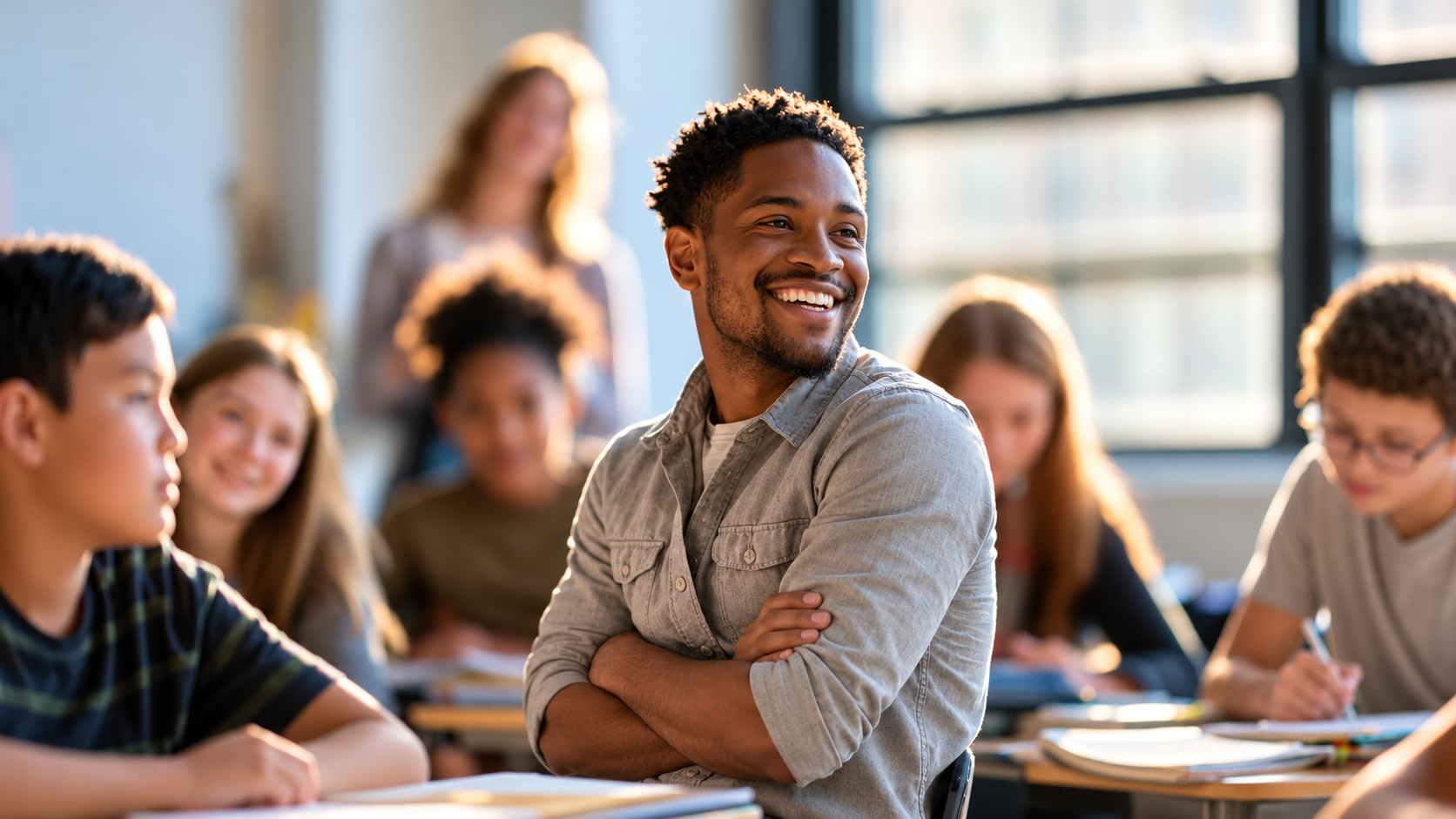Smiling Teacher in Sunlit Classroom.png