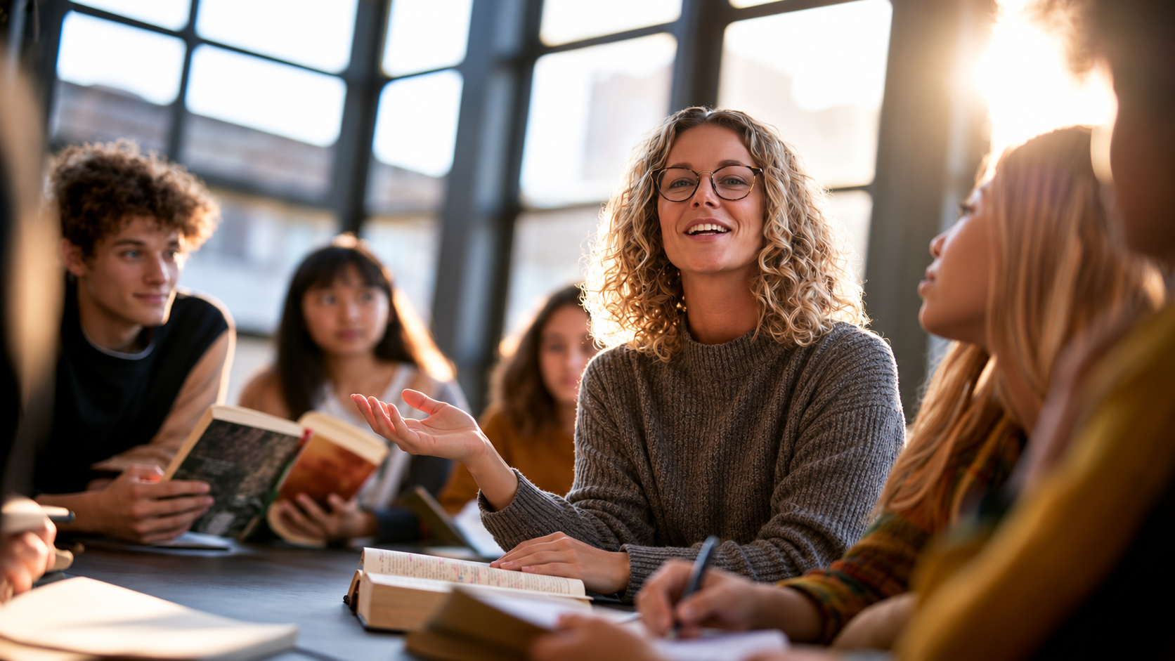 Sunlit Classroom Discussion with Books