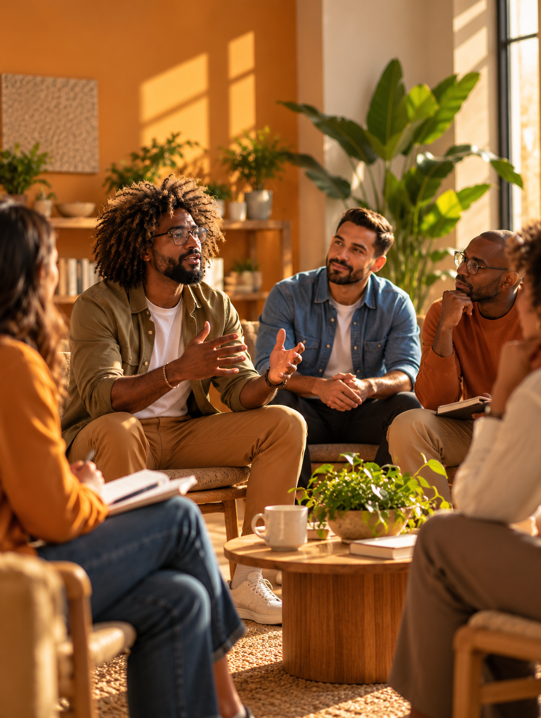 Warm Group Discussion in Sunlit Room