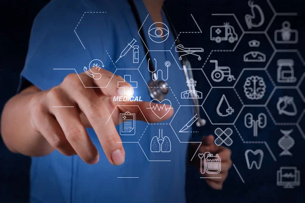 Person touching screen icons