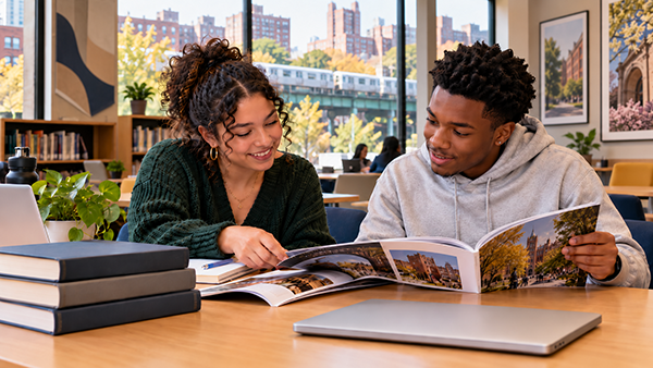 2 students reading a book together
