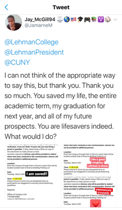 Twitter screen grab of student thanking Lehman for the laptop program